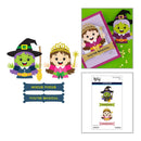 A craft-themed graphic showing cartoon witch and princess characters with the phrases 'HOCUS POCUS' and 'YOU'RE MAGICAL,' plus a preview of a handmade card and a package insert from Spellbinder Studio.
