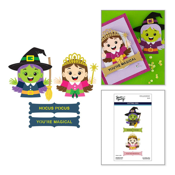A craft-themed graphic showing cartoon witch and princess characters with the phrases 'HOCUS POCUS' and 'YOU'RE MAGICAL,' plus a preview of a handmade card and a package insert from Spellbinder Studio.