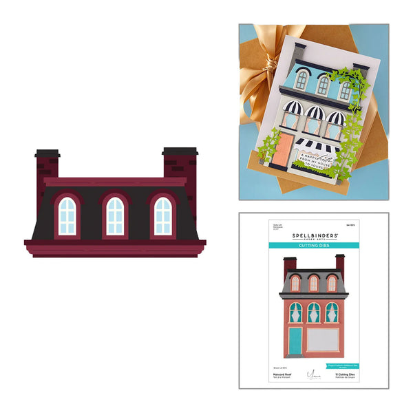 A craft die set shown on a white background, featuring a flat illustration of a building facade on the left and two product views on the right: a sample card stamped with the design and the package insert for Spellbinders' Die Set 1016.