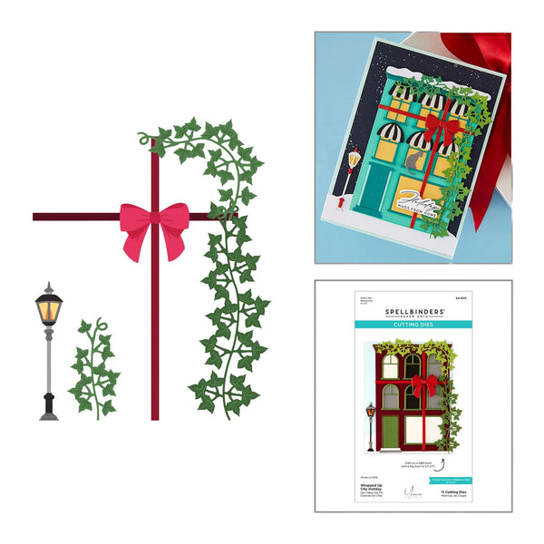 A collage showing a holiday-themed card design and its packaging: a large flat illustration of a red cross with green ivy vines and a pink bow, a small streetlamp graphic, and two smaller photos of the assembled card and printed card package on a white background.