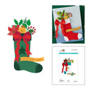 Holiday stocking craft design shown with a large flat illustration, a finished layered card example, and the printed sheet/package front on a white background.
