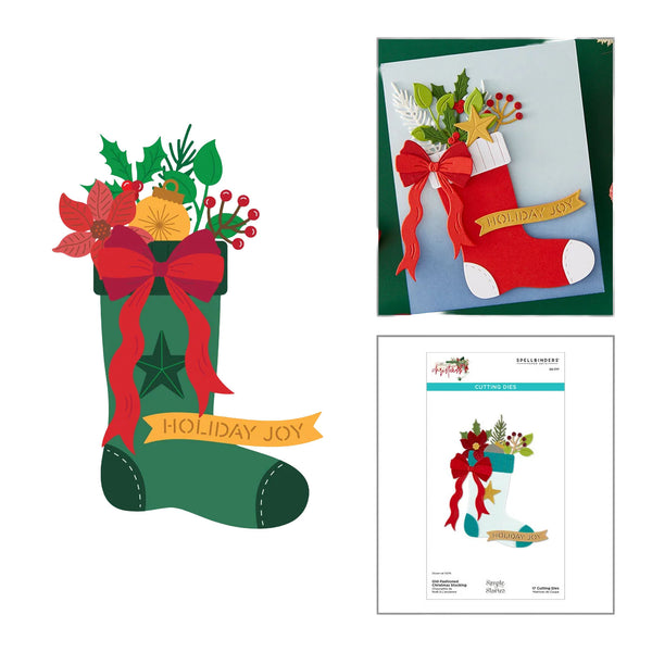 Holiday stocking craft design shown with a large flat illustration, a finished layered card example, and the printed sheet/package front on a white background.