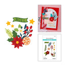 Holiday-themed craft set featuring a flat illustration of a Christmas bouquet with poinsettias, holly, an orange slice, stars, and a green 'NOEL' banner, alongside a sample handmade card and the Spellbinders 'Crafting Holidays' sticker sheet package.