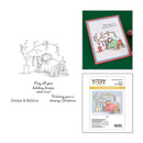 A holiday-themed craft stamp set shown on a white background, including a black-and-white line drawing of a sleeping child under a tree with the text 'Merry all your holiday dreams come true! Wishing you a dreamy Christmas' and 'Dream & Believe.' A finished greeting card with a red border and illustrated scene is displayed at top right, and the stamp package insert is shown at bottom right.
