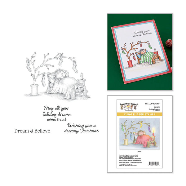 A holiday-themed craft stamp set shown on a white background, including a black-and-white line drawing of a sleeping child under a tree with the text 'Merry all your holiday dreams come true! Wishing you a dreamy Christmas' and 'Dream & Believe.' A finished greeting card with a red border and illustrated scene is displayed at top right, and the stamp package insert is shown at bottom right.