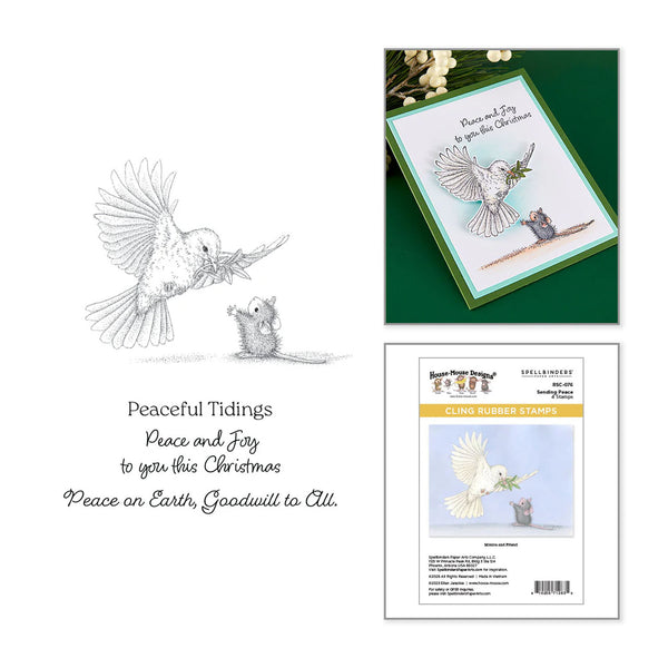 Clear stamp package and sample stamped artwork for 'Peaceful Tidings' by Happy Happy Designs. The left side shows a black-and-white illustration of a white dove carrying an olive branch and a small bird, with the text 'Peaceful Tidings Peace and Fox to you this Christmas Peace on Earth, Goodwill to All.