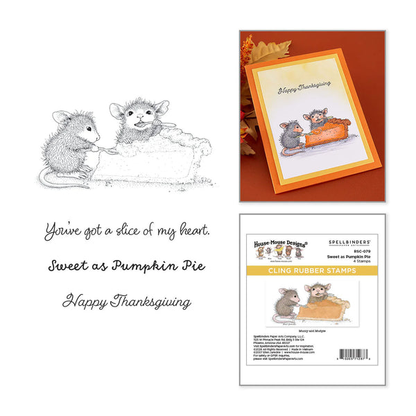 Thanksgiving-themed stamp and card set featuring a black-and-white mouse illustration with the phrase 'You've got a slice of my heart. Sweet as Pumpkin Pie Happy Thanksgiving,' shown alongside a sample orange-bordered card and the package insert for Spellbinders Cling Rubber Stamps.