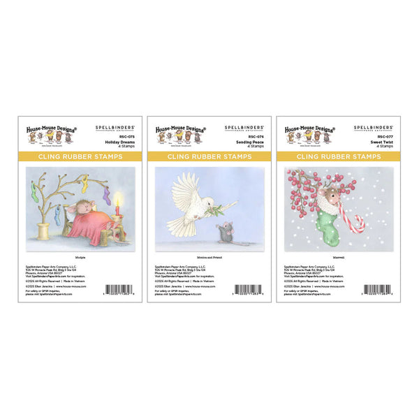 Three Hager Pocket Design Cling Rubber Stamps cards shown side by side on a white background, featuring winter-themed illustrations including a sleeping girl by a candle, a white bird, and a green bird with pink flowers and candy canes.