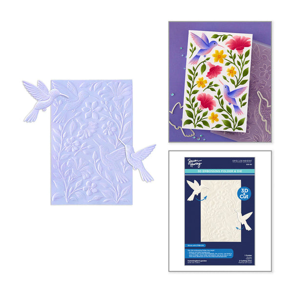 A 3D cut die set by Finney Forge featuring a floral and bird embossed sheet, a finished example card with colorful flowers, and the product packaging on a white background.