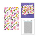 A floral patterned card or scrapbook paper shown in three views: a flat pattern sample on the left, a finished card with a purple background and the word 'Hello' on the right, and a sheet preview labeled Stampin' Up! on the bottom right.