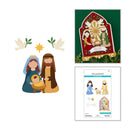 A product collage showing a flat illustration of the Holy Family, a green arched nativity sign card, and a printed sheet labeled 'SPELLMEMORY Cutting Sheets' with matching illustrations.