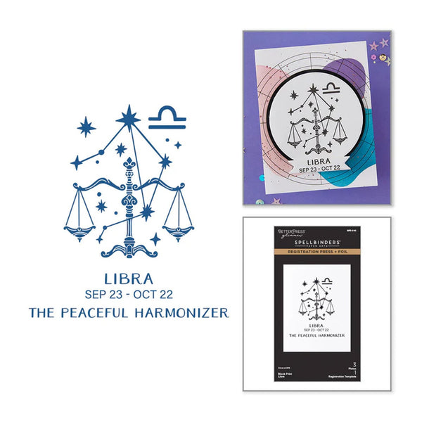 Libra zodiac symbol with descriptive text and related product images on a white background