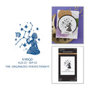 Virgo zodiac card with star sign illustration and descriptive text on a white background