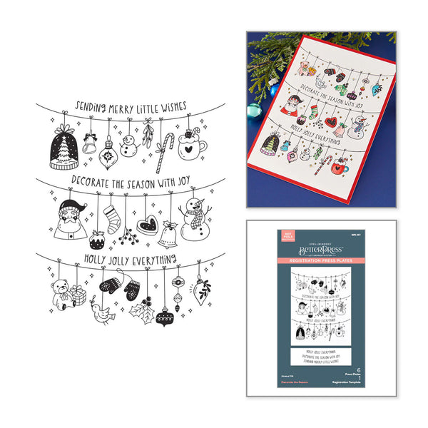 Three-panel product presentation for a craft kit: a large black-and-white line-art preview of holiday ornaments and seasonal illustrations, a finished sample card with colorful hanging ornaments and the text 'Sending Merry Little Wishes' and 'Decorate the Season with Joy', and the product packaging insert on a blue background.