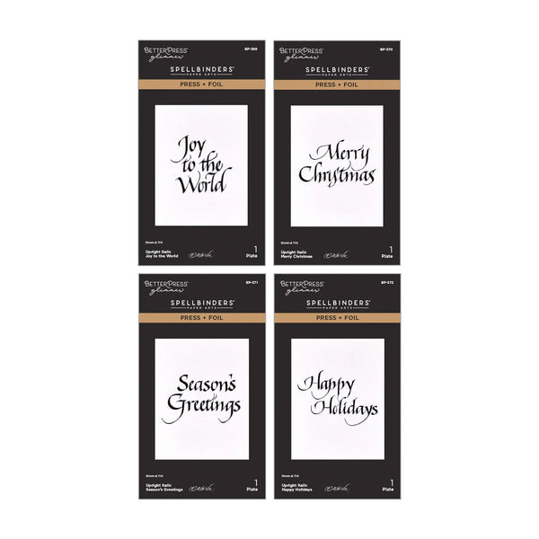 Four packages of RetroRoses Press + Foil Spellbinders arranged in a 2x2 grid on a white background. The packages feature black and gold designs with white sample text cards showing holiday greetings: 'Joy to the World', 'Merry Christmas', 'Season's Greetings', and 'Happy Holidays'.