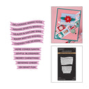 Christmas-themed sticker set featuring pink ribbon-shaped stickers with holiday quotes, shown alongside a decorated greeting card and the product packaging.