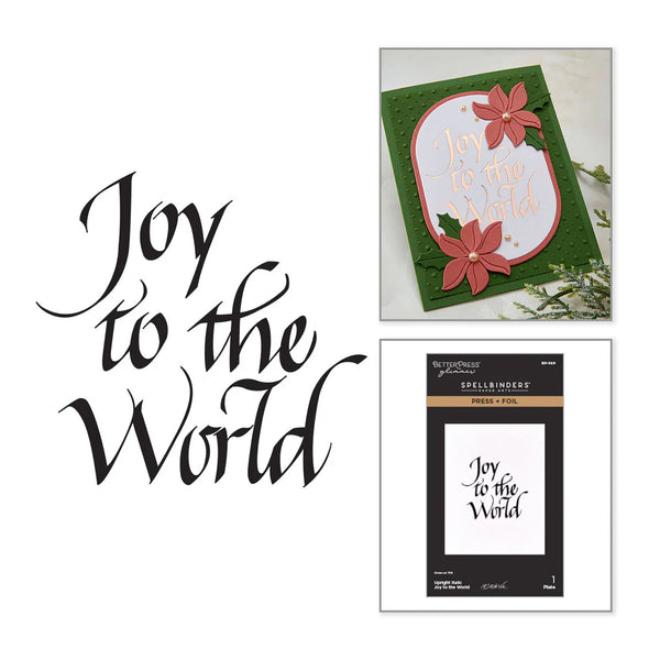 A collage showing the phrase 'Joy to the World' in large black script on the left, with two smaller product photos on the right: a handmade green greeting card with pink flowers and gold foil lettering, and the retail packaging for Spellbinders Scrapbook Paper in the same design.