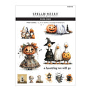 Spellbinders Paper Arts 'Rub-Ons' sheet featuring Halloween-themed watercolor illustrations including pumpkins, gnomes, a witch goose, a ghost goose, and a jack-o'-lantern dressed in a dress, with the text 'a haunting we will go' and product code SC89R-015.