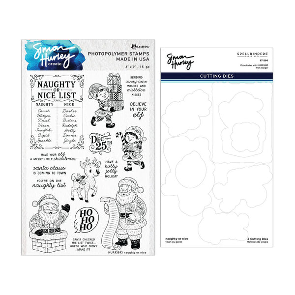 A product layout showing a clear stamp sheet and a cutting die sheet from Spellbinders by Honey. The stamp sheet features holiday-themed illustrations of Santa Claus, a reindeer, a elf, and festive text like 'Naughty Nice List' and 'Ding Ding Ding!'.