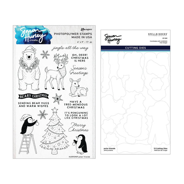SpellsBender Jingle Hunters photopolymer stamp set and matching cutting dies. The left sheet shows black-and-white holiday illustrations including a bear, deer, penguin, Christmas tree, and phrases like 'Jingle all the way' and 'Have a Tree-Meridous Christmas.
