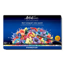 Staedtler Mars Lumograph color aquarell watercolor pencils set packaging with colorful flowers and pencil illustration on a blue background.