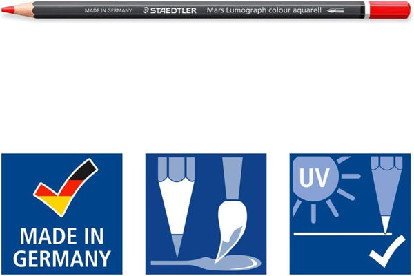 Staedtler Mars Lumograph color pencil withMade in Germany, water resistance, and UV light detection logos on a white background.