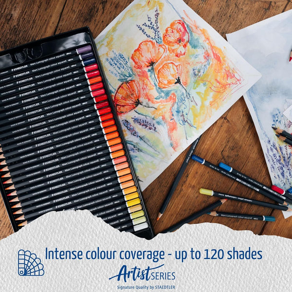 Set of colored pencils with a floral drawing on paper, featuring Staedtler branding.
