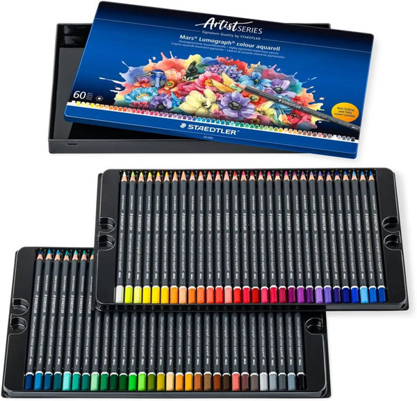 Staedtl Artist Series 60-color colored pencil set in a black metal case, shown with the illustrated lid on top and two trays of pencils arranged below on a white background.