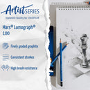 STAEDTLER Mars Lumograph 100 pencils with a sketchbook on a white background