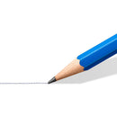 Blue pencil with a line drawn on a white background