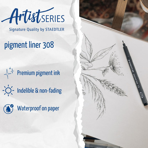 STAEDTLER pigment liner 308 with drawing on paper and product details.