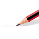 A close-up of a red and black pencil with a wooden sharpened tip drawing a fine gray line on a white background.