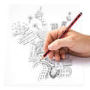 Hand holding a red pencil over a coloring page with intricate line art