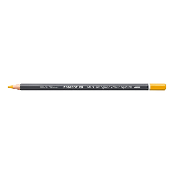 A Staedtler Mary Lumograph colour aquarell drawing pencil in yellow, shown horizontally against a plain white background.