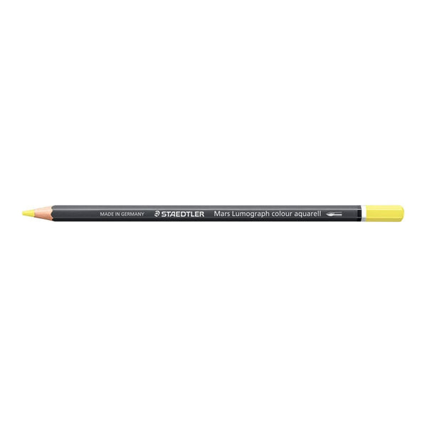 A Staedtler Mars Lumerograph colour aquarell drawing pencil with a black barrel, yellow tip, and yellow eraser, shown horizontally on a plain white background.