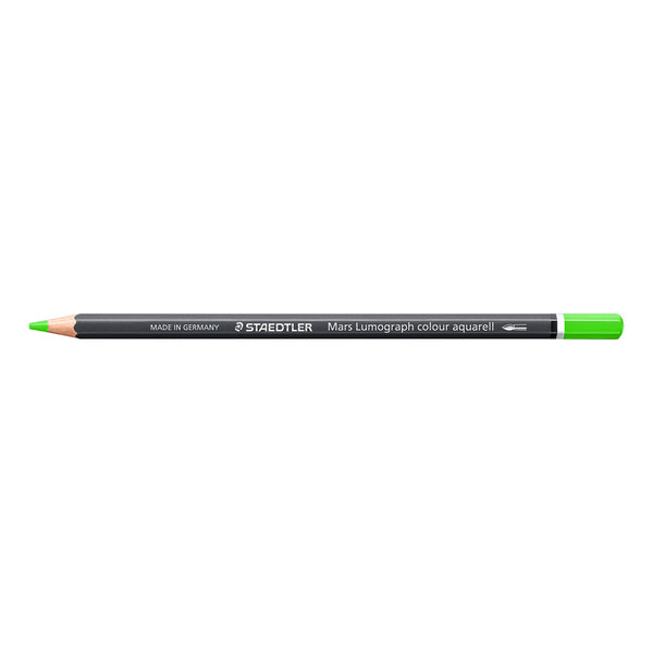 A Staedtler Mary Lumograph colour aquarell drawing pencil in bright green, shown horizontally against a plain white background.