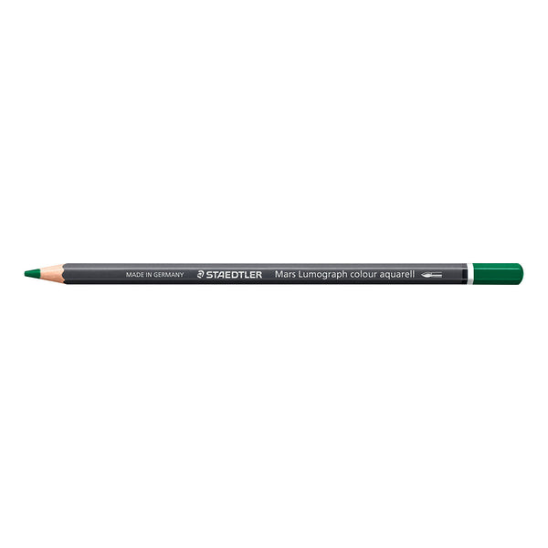 A Staedtler Mary Lumograph colour aquarell pencil in forest green, shown horizontally against a plain white background.