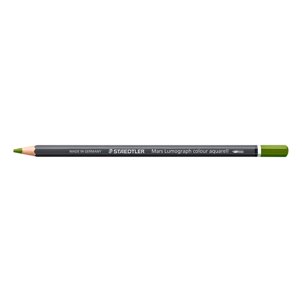 A Staedtler Mary Lumograph colour aquarell pencil in a dark gray barrel with a green tip and green cap, shown horizontally on a plain white background.