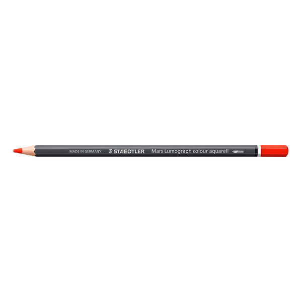 A Staedtler Mary Lumograph colour aquarell drawing pencil with a black barrel, red tip, and red eraser cap, shown horizontally on a plain white background.