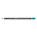 A Staedtler Mary Lumograph colour aquarell drawing pencil with a black barrel, blue tip, and blue eraser, shown horizontally on a plain white background.