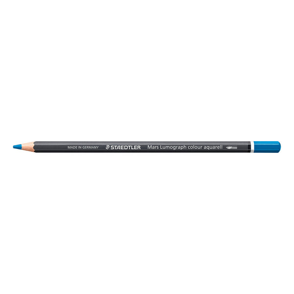 A Staedtler Mary Lumograph colour aquarell drawing pencil with a black barrel, blue tip, and blue eraser, shown horizontally on a plain white background.