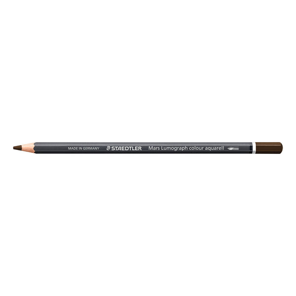 A Staedtler Mary Lumograph colour aquarell drawing pencil in dark brown, shown horizontally against a plain white background.