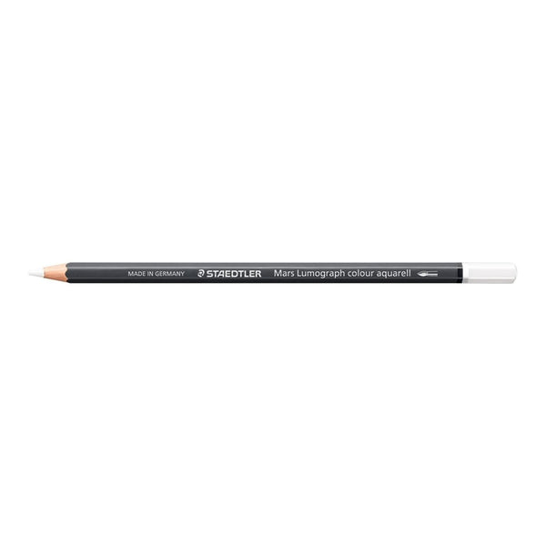 A Staedtler Mars Lumerograph colour aquarell pencil with a black barrel, white cap, and exposed white graphite tip, shown horizontally on a plain white background.
