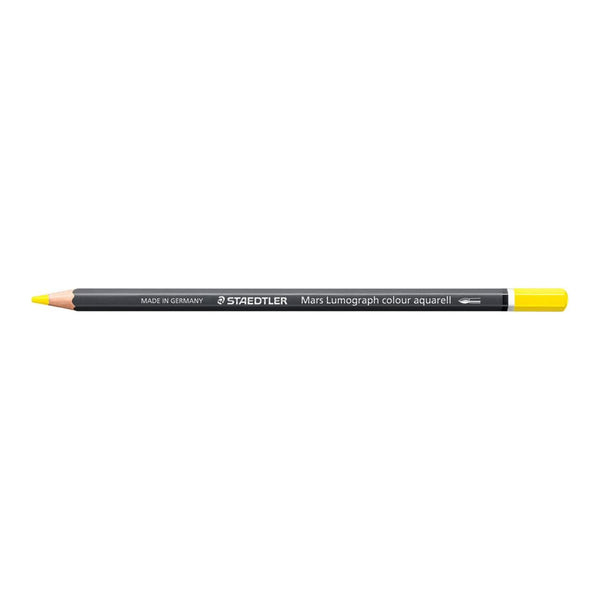 A Staedtler Mars Lumerograph colour aquarell drawing pencil with a black barrel, yellow tip, and yellow eraser cap, shown horizontally on a plain white background.