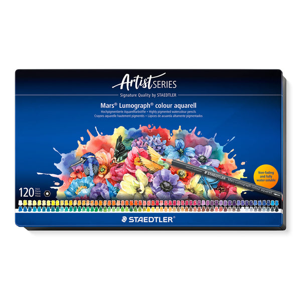 A 120-piece set of Staedtler Artist Series Mars Lumograph colour aquarell drawing pencils in a blue metal case, shown on a clean white background.