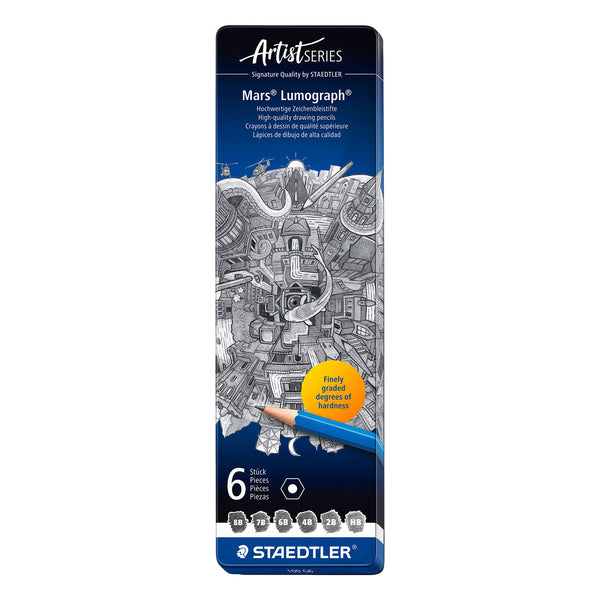A tall, narrow metal package of Staedtler Artist Series Mars Lumograph 6-pack crayons, featuring a black and white map illustration on the front, with a blue-to-black gradient background and a small orange circle badge.