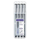 A 4-pack of Staedtler Fineliner pigment pens in a clear plastic clamshell package, featuring gray barrels with black tips and silver accents.