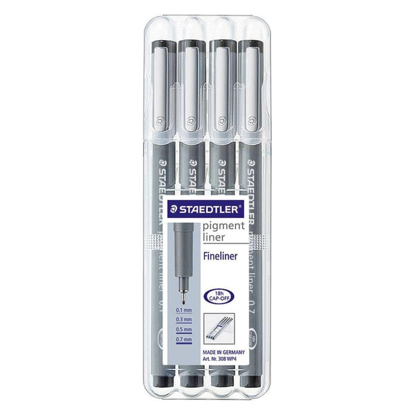 A 4-pack of Staedtler Fineliner pigment pens in a clear plastic clamshell package, featuring gray barrels with black tips and silver accents.