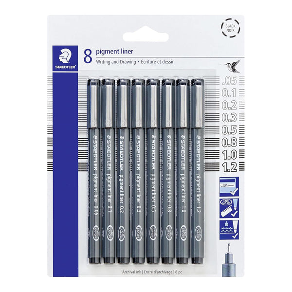 A package of 8 Staedtler LUX 3600 pigment liners in black, shown in their retail blister pack on a white background.
