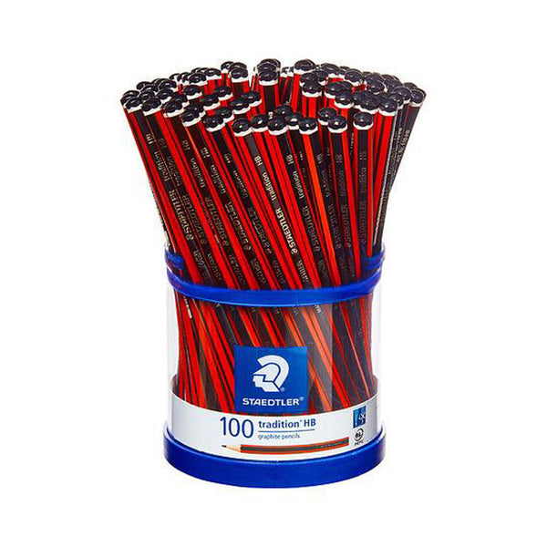 A bulk pack of 100 Staedtler 2H graphite pencils in a clear plastic cylinder holder with a blue rim. The pencils are red and black with white text and the Staedtler logo is visible on the front label.